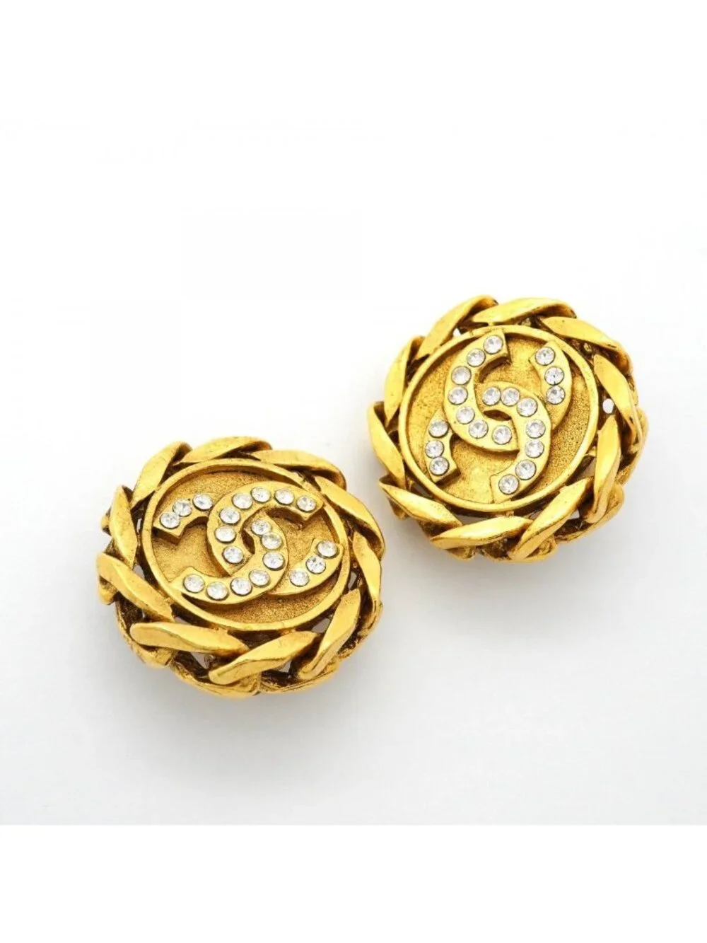 Chanel Earrings Vintage CC Logo Gold Plated Rhinestone